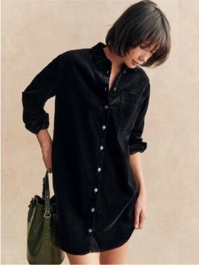 Sezane Sadie Black Corduroy Button-Down Shirt Dress FR 36/US 4